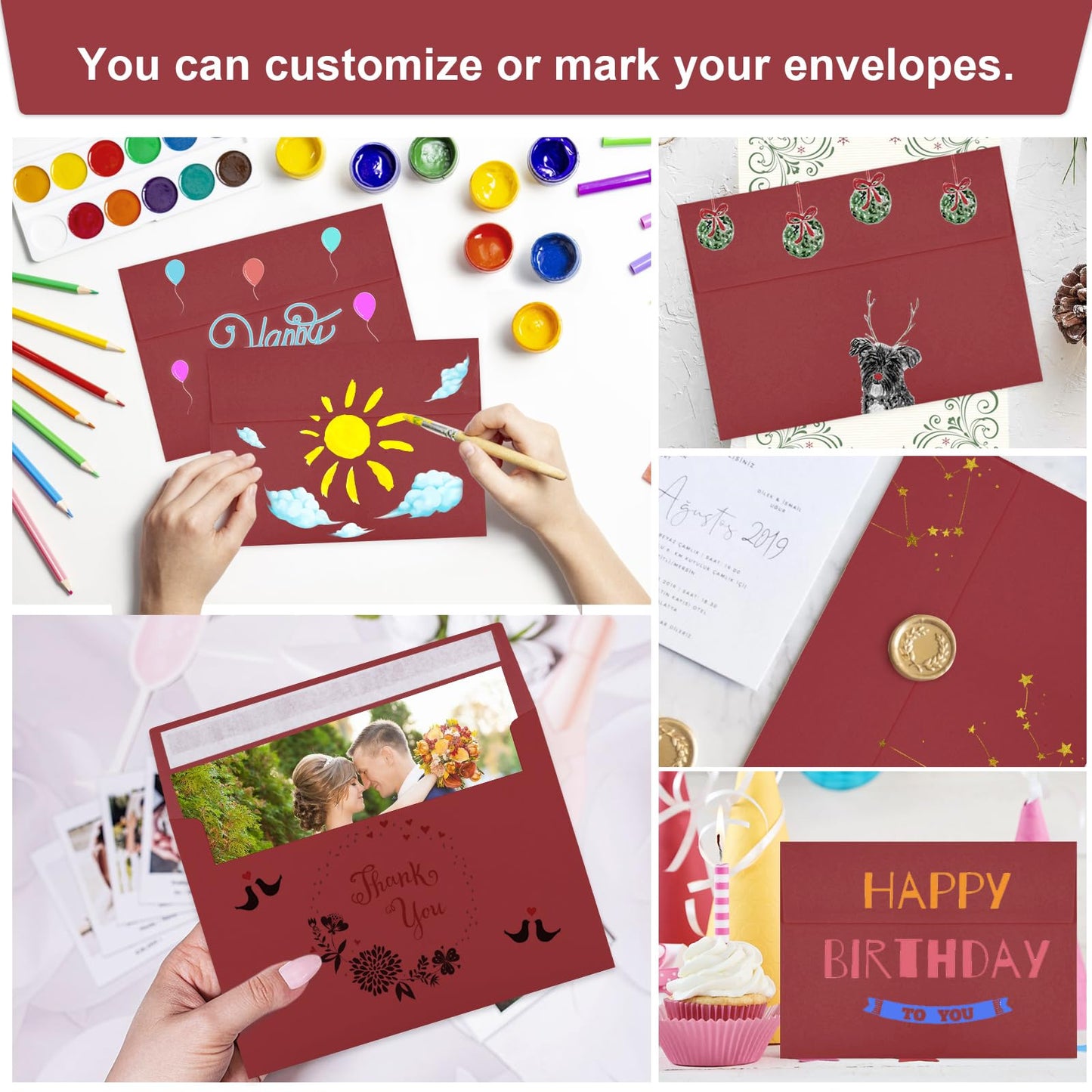 50 Packs Wine Red 5x7 Envelopes 5x7, Deep Red Color A7 Envelopes, Burgundy Invitations, Photos, Greeting Cards, Mailing