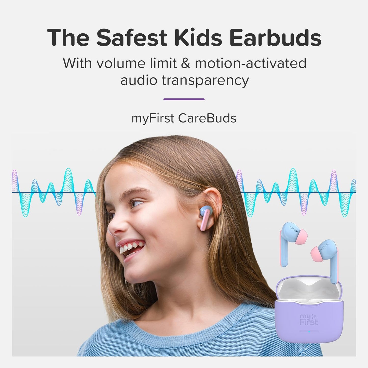 myFirst Carebuds Kids Earbuds - Ear Pods True Wireless Bluetooth with 85db Volume Limit, Mic, USB-C Charging Case, 6 Size Ear Tips, 6 Hours Playtime…