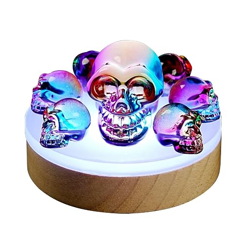 Crystal Skull Night Light with K9 Rainbow Skull , RGB LED Lighting &Wood color design Base Gift Box 7 Vibrant Color Changes,Gift for Halloween