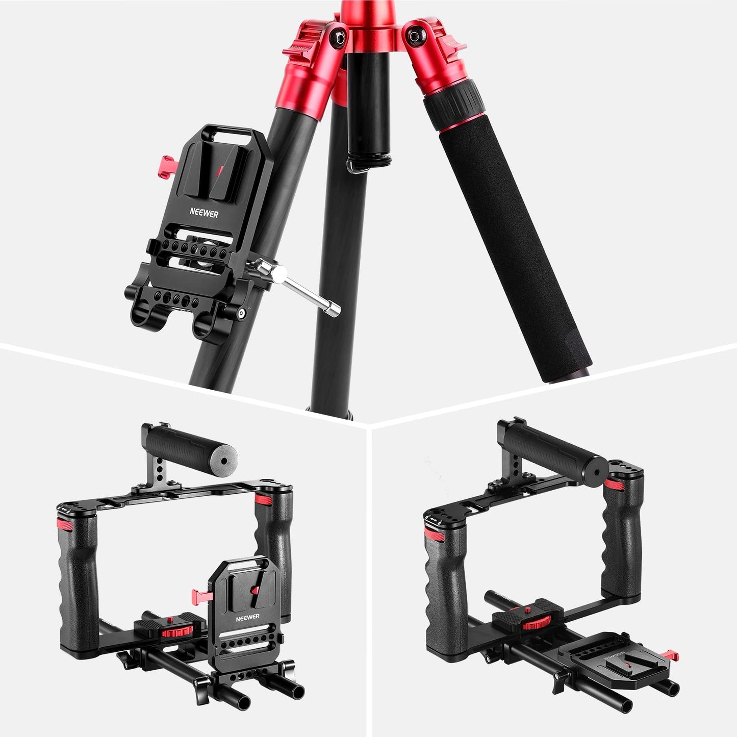 NEEWER V Mount Battery Plate with Dual 15mm Rod Clamps, 1/4" & 3/8" Threads, Metal V Lock Battery Mounting Plate Fits Camera Rig Cage with 15mm Rail