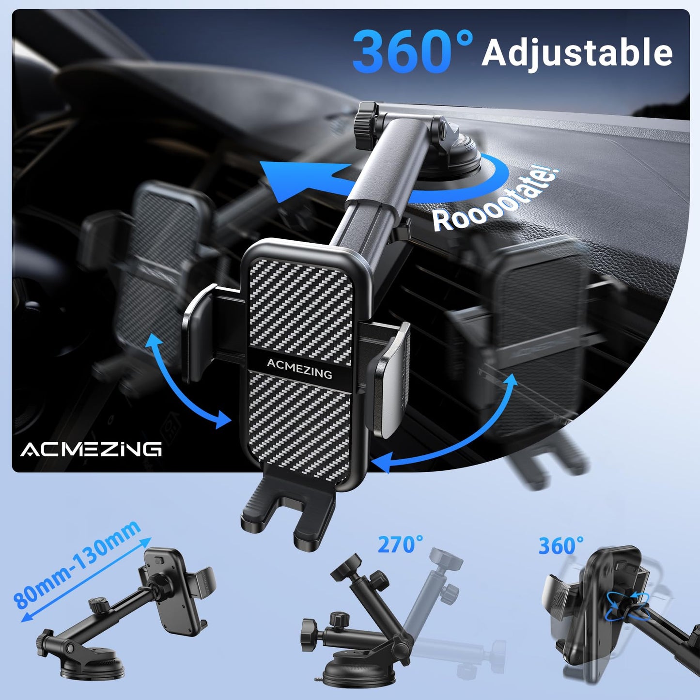 3-in-1 Car Phone Holder [122+LBS Strongest Suction & Stable Clamp Arm] 360° Adjustable Car Phone Mount, Cell Phone Holders for Your Car for Dashboard