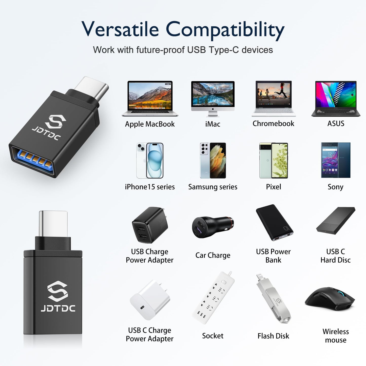 JSL JDTDC USB to USB-C Adapter 2 Pack, USB-A Female to USB-C Male Converter, High-Speed Data Transfer and Charging Adapter for iPhone 16/15 MacBook…
