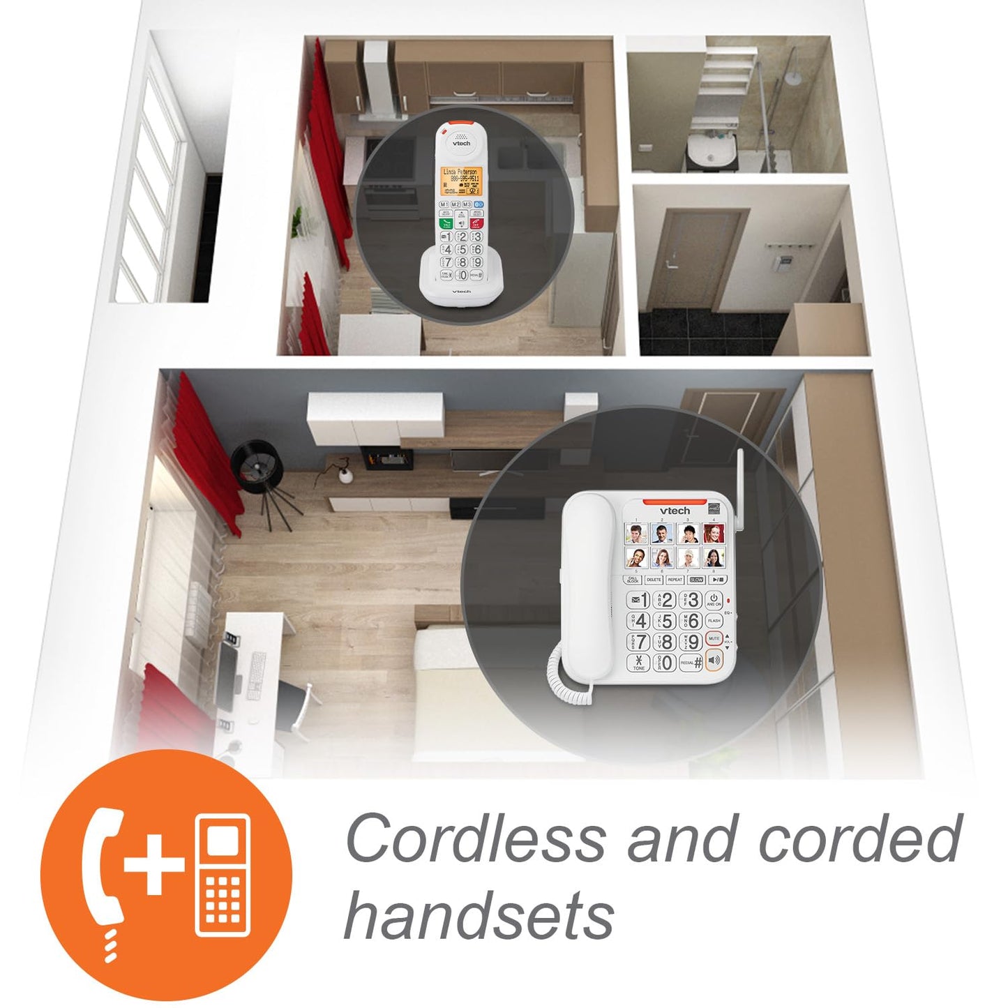 VTech SN5147 Amplified Corded/Cordless Senior Phone with Answering Machine, Big Buttons, 90dB Extra-Loud Visual Ringer, 50dB Audio Assist, Call