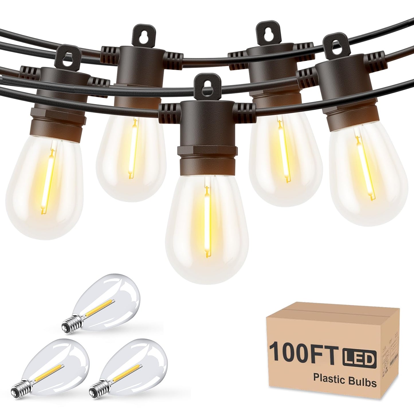 Svater Outdoor String Lights 100 FT, Patio for Outside with Shatterproof S14 Bulbs, Waterproof LED Hanging Light for Cafe Backyard Bistro Party, Warm
