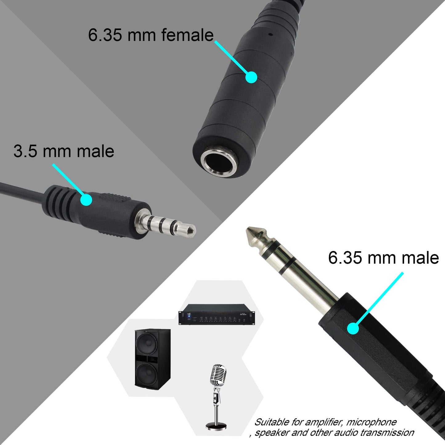 GINTOOYUN 6.35mm TRS Male to 1/4 TRS Female Stereo Headphone Y Splitter Extension Cable