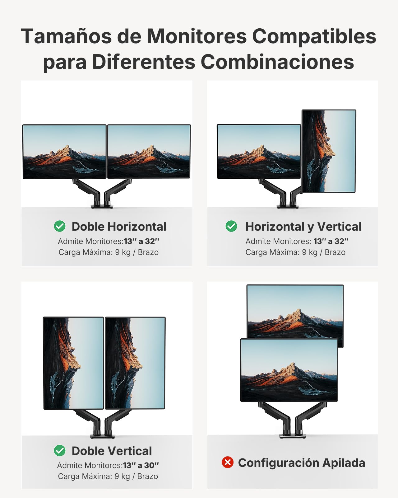 HUANUO Dual Monitor Stand, Fully Adjustable Gaming Monitor Desk Mount for 13–32″ Computer Screens, Full Motion VESA 75x75/100x100 with C-Clamp & Grommet Base, Each Arm Holds 4.4 to 19.8 lbs