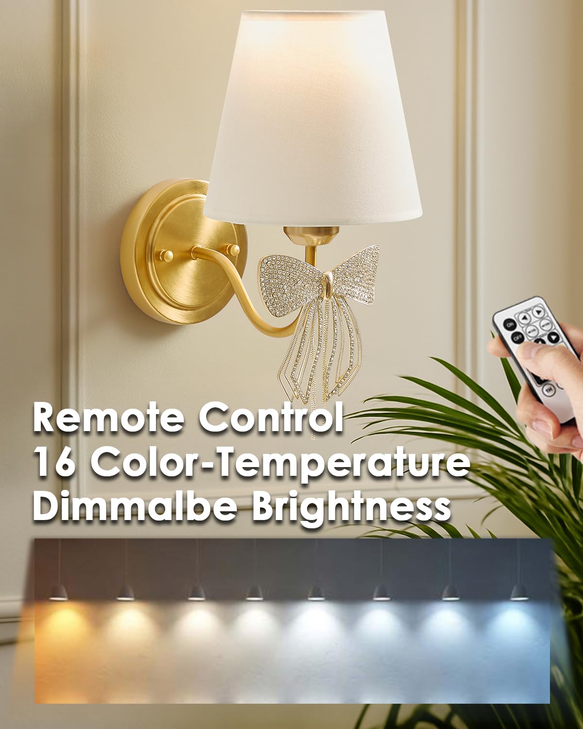 Mesuz Battery Operated Wall Sconces Lights Set of 2 Remote Control, Bow Sconces Rechargeable Battery Powered Bow Lamps Dimmable LED 2700K-6000K 16
