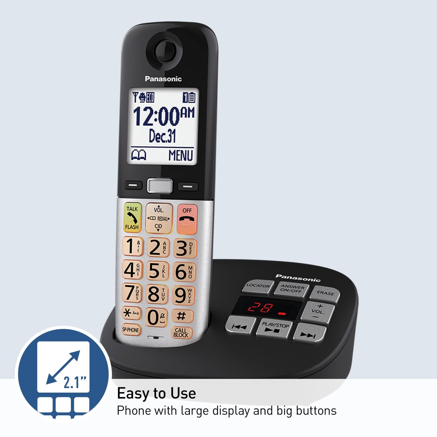 Panasonic Cordless Phone, Easy to Use with Large Display & Big Buttons, Flashing Favorites Key, Flashlight, Call Block, Volume Boost, Talking Caller