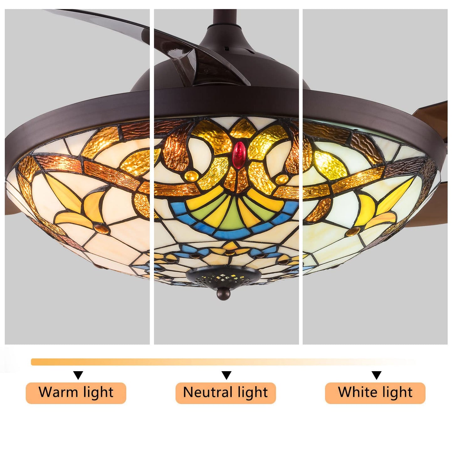 TFCFL 42" Ceiling Fan with Lights, Tiffany Style Dimmable Invisible Fan Chandelier Fandelier 3 Speeds 3 Light Changes with Retractable Blades