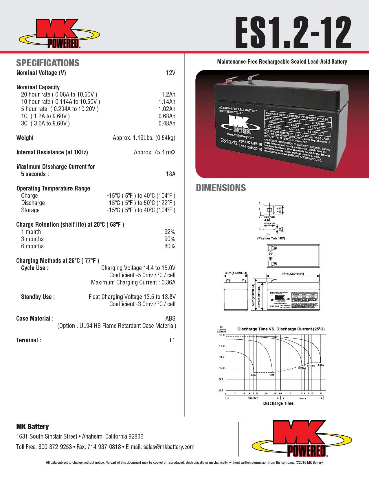 MK Battery ES1.2-12 Maintenance-Free Rechargeable Sealed Lead-Acid Battery