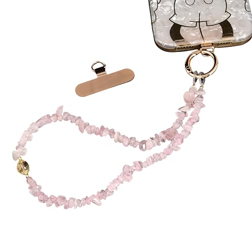 Land Long Pink Rose Quartz Chips Beaded Hands-free Phone Wrist Strap with Anti-lost Tab, Detachable Wristlet Lanyard for Girly Gift