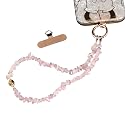 Land Long Pink Rose Quartz Chips Beaded Hands-free Phone Wrist Strap with Anti-lost Tab, Detachable Wristlet Lanyard for Girly Gift