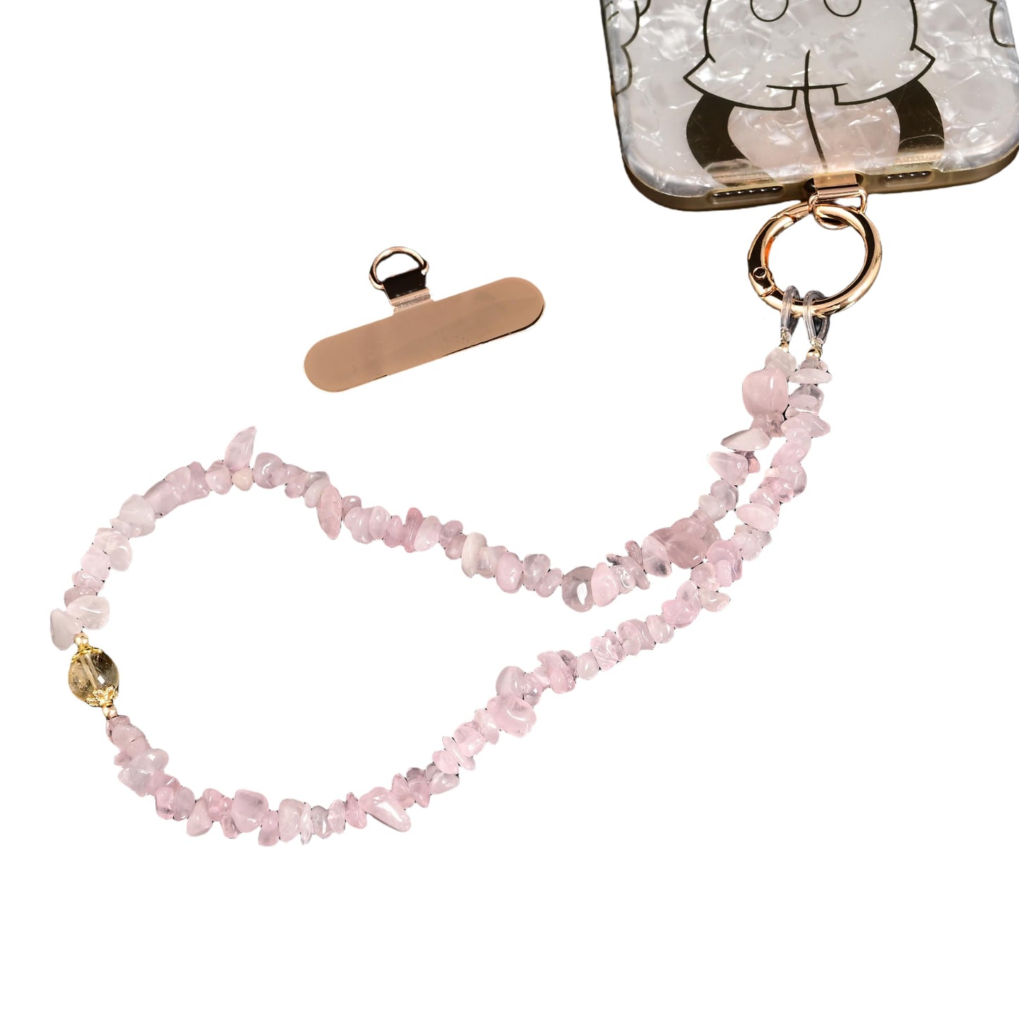 Land Long Pink Rose Quartz Chips Beaded Hands-free Phone Wrist Strap with Anti-lost Tab, Detachable Wristlet Lanyard for Girly Gift