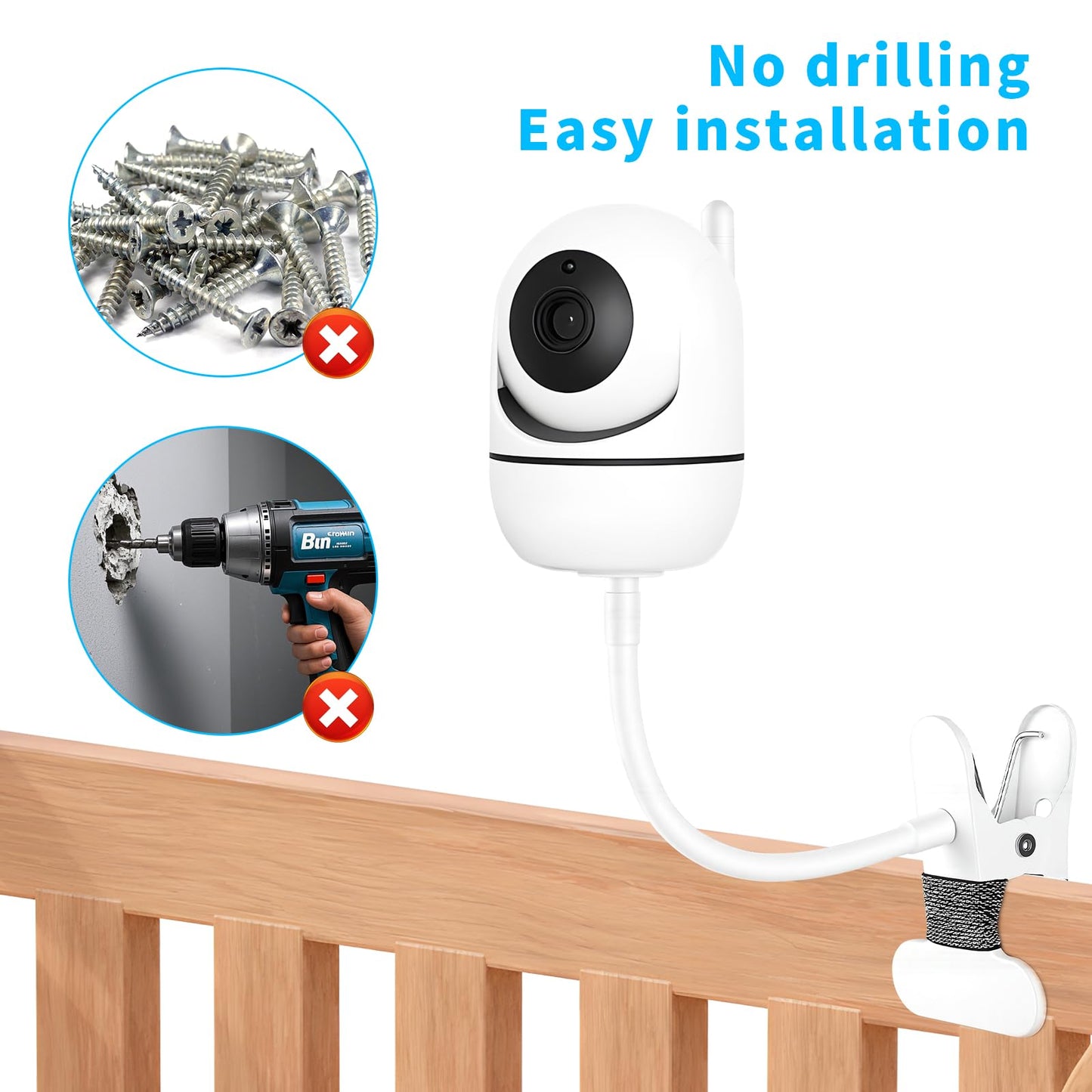 Flexible Baby Monitor Clip Mount: Compatible with HelloBaby/VTech/Owlet Baby Monitor, Baby Camera Holder Without Tool-Free Installation or Wall Damage
