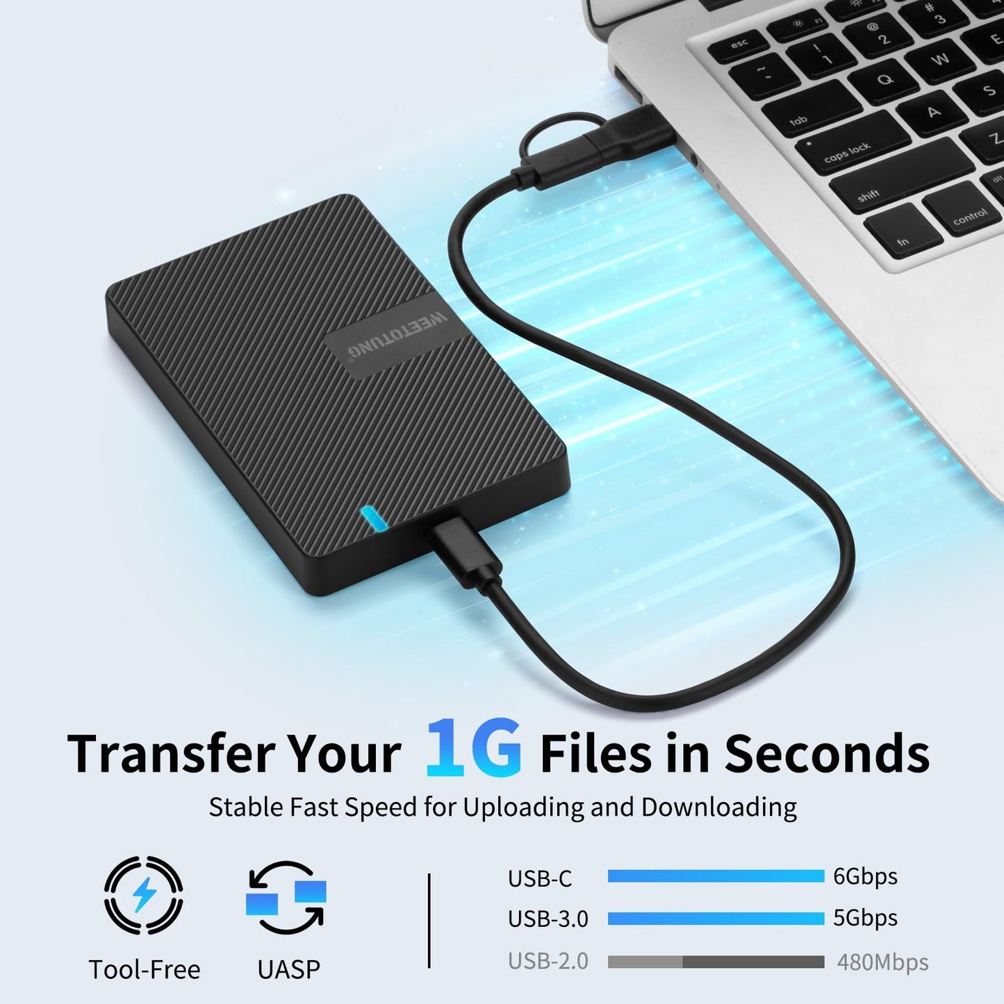 USB-C External Hard Drive Enclosure 2.5'' HDD SSD for sata - WEETOTUNG 6Gbps Tool-Free Case Compatible with UASP Drive - for 7mm 9.5mm Drive