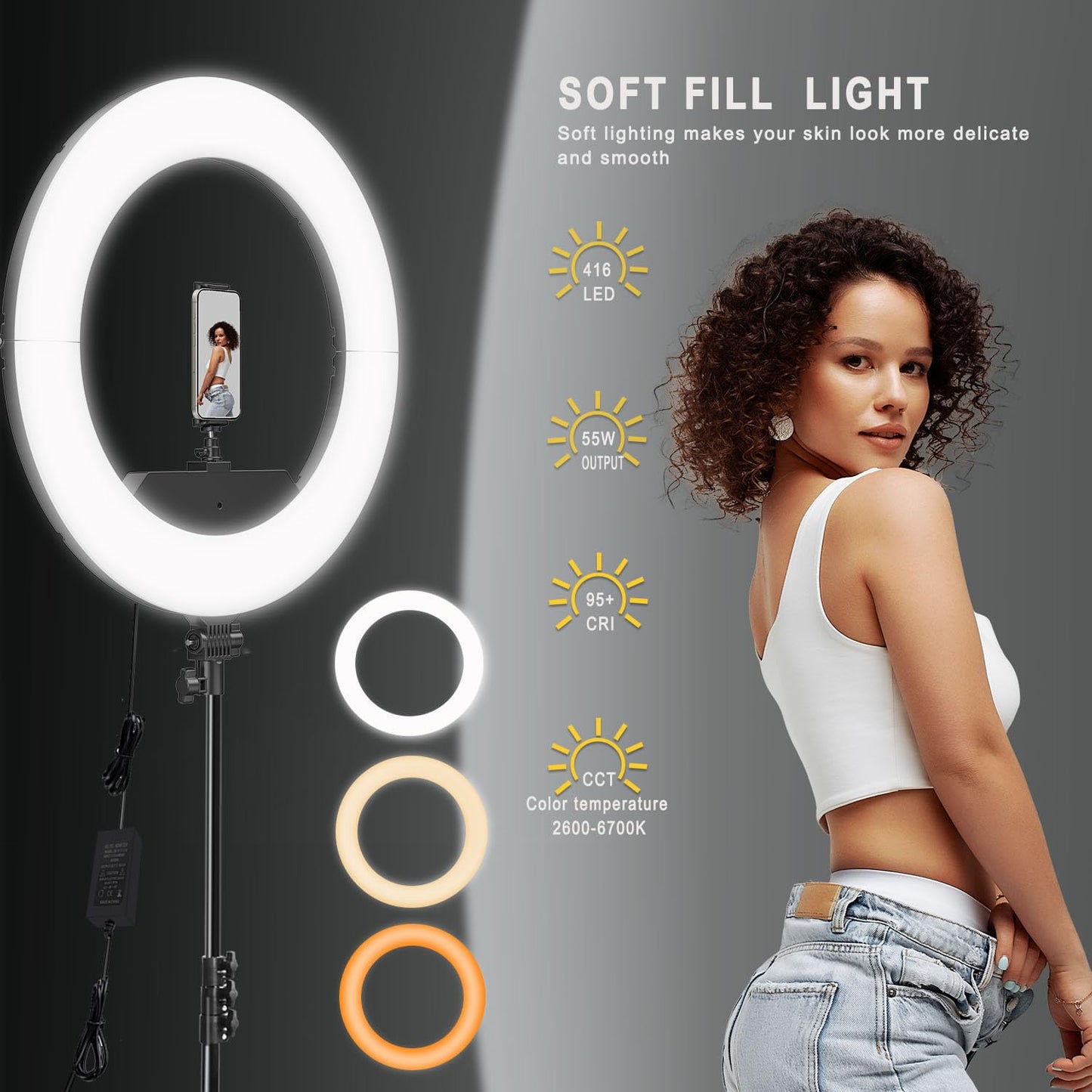 JJ JIANJIN Ring Light 18 INCH Kit,55W6700k Dimmable LED Light, Tripod Stand, Remote Controller,Box for Camera,Smartphone,YouTube,TikTok,Self-Portrait