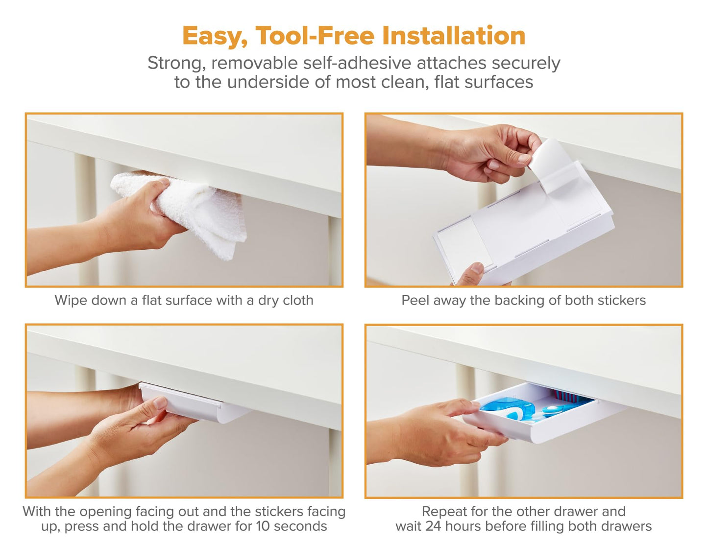 Bostitch Konnect Under Desk Drawer, Self-Adhesive Slide Out Storage Organizer with 4 Customizable Dividers, 2-Pack