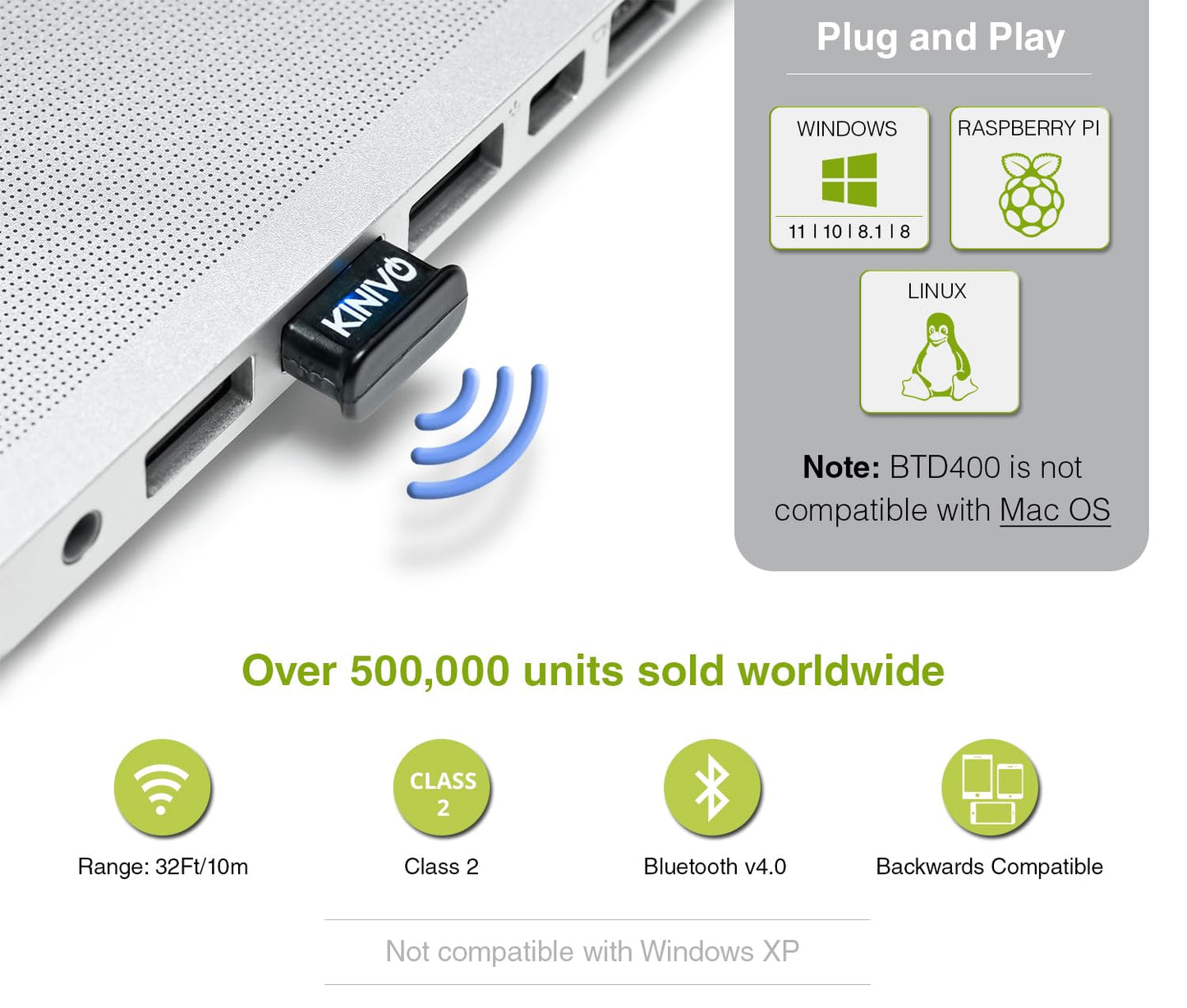 Kinivo USB Bluetooth Adapter for PC BTD400 (Bluetooth 4.0 Dongle Receiver, Low Energy) - Compatible with Windows 11/10/8.1/8, Raspberry Pi, Linux