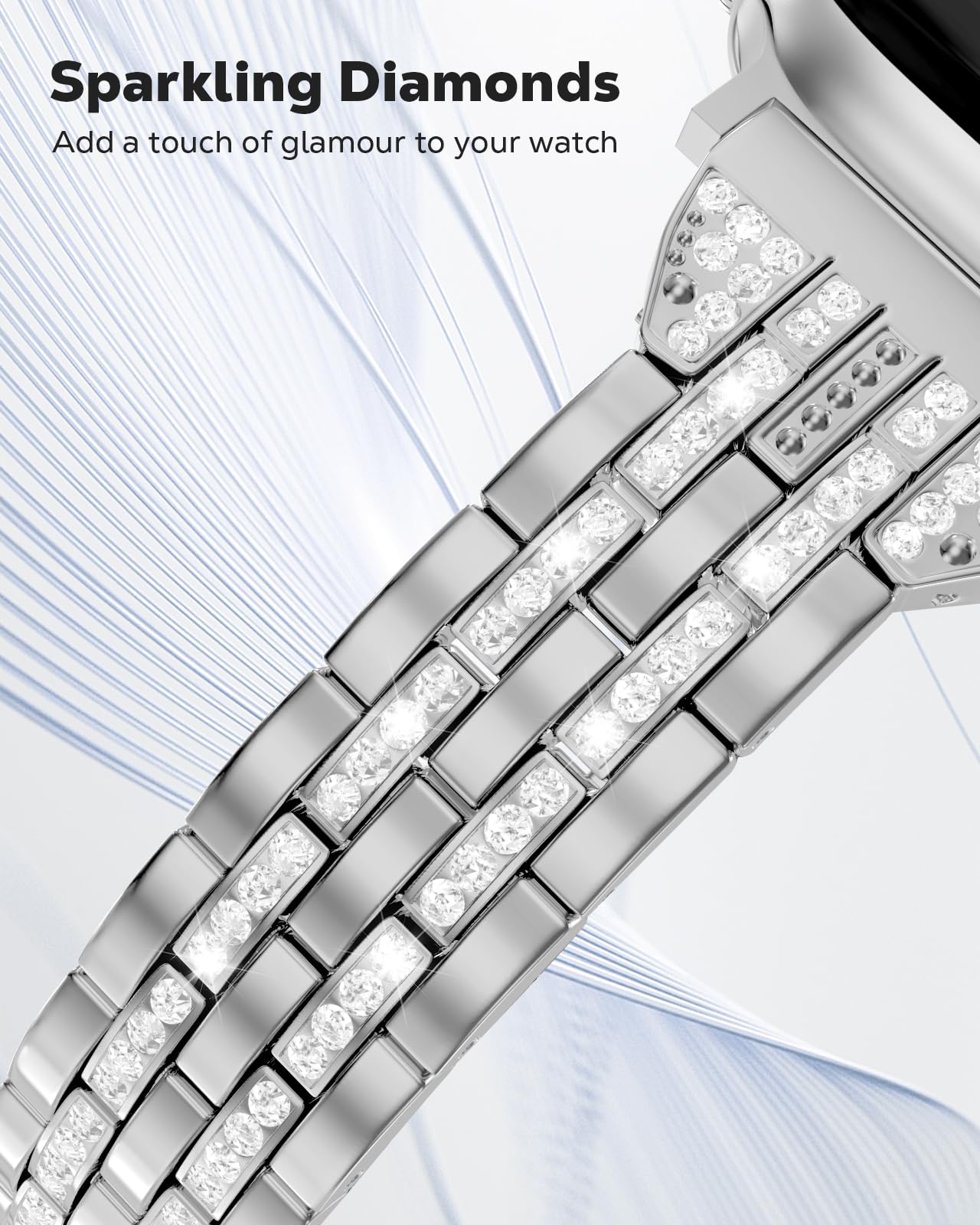 MoKo Metal Watch Band Compatible with Apple Watch Series 11/10 42mm, 9/8/7 41mm, SE3/SE2/SE/6/5/4 40mm, 3/2/1 38mm, Bling Diamond Dressy Jewelry Metal