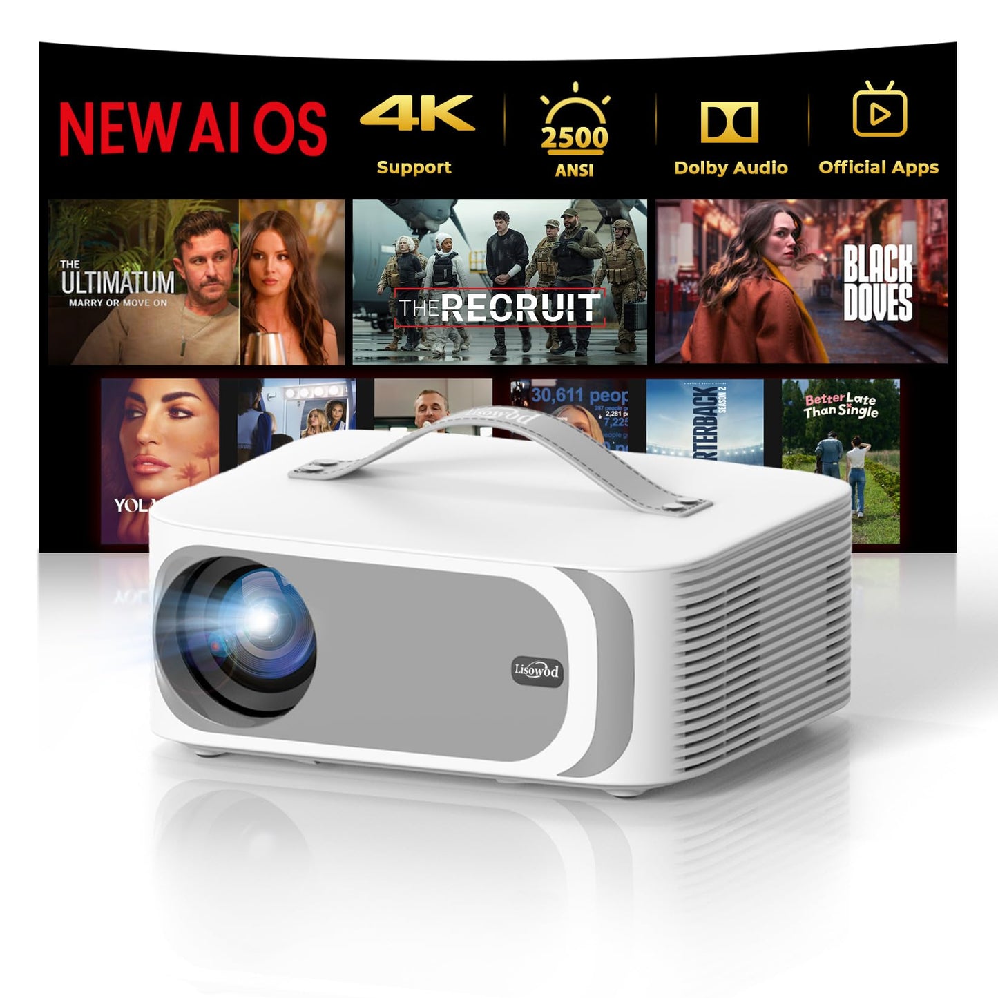 [Official-Apps & 2500 ANSI & 35W Dolby Audio] Outdoor-Projector-4k with WiFi and Bluetooth,AI Movin 2.0 OS Smart Projector,AI Auto Focus HDR10+