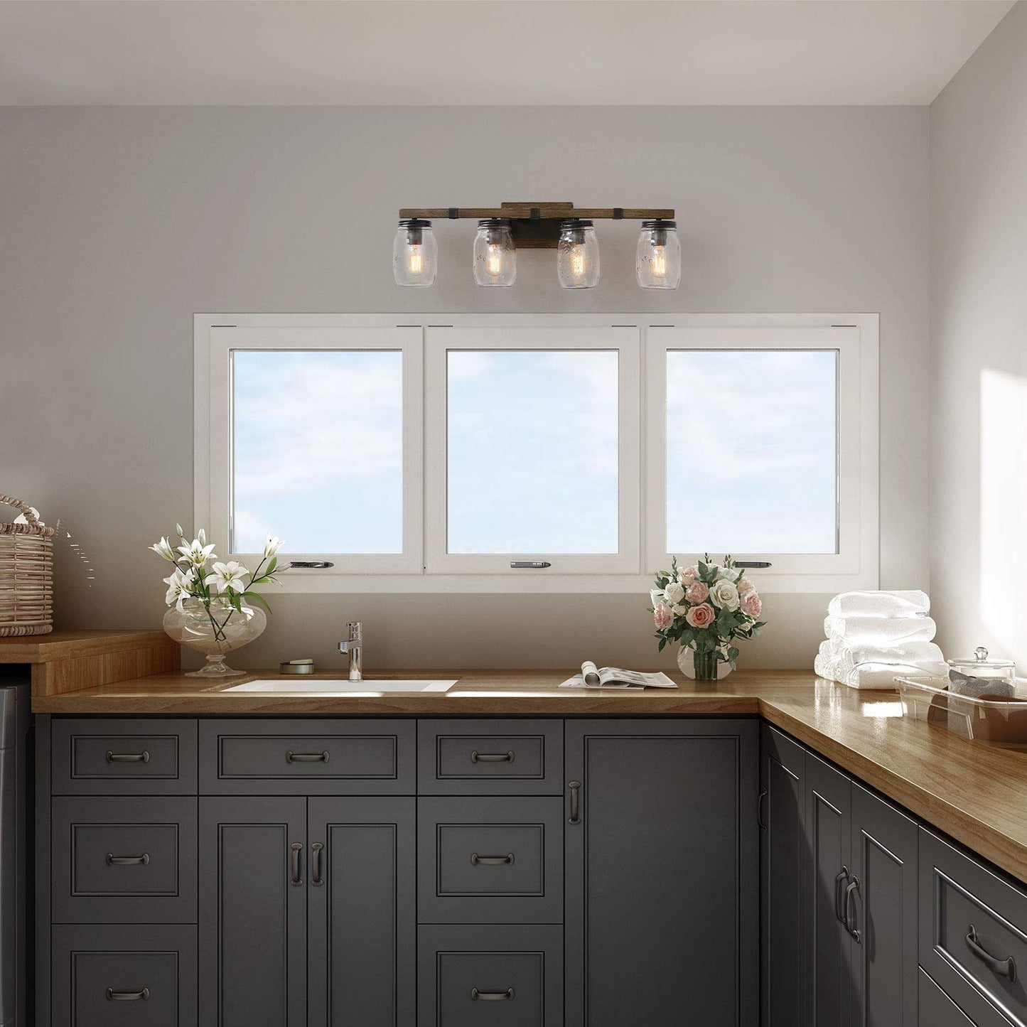 LOG BARN Rustic Bathroom Vanity Light with Mason Jar Glass, Farmhouse 4-Light Sconces Wall Lighting, Faux-Wood Finish, 29 inches