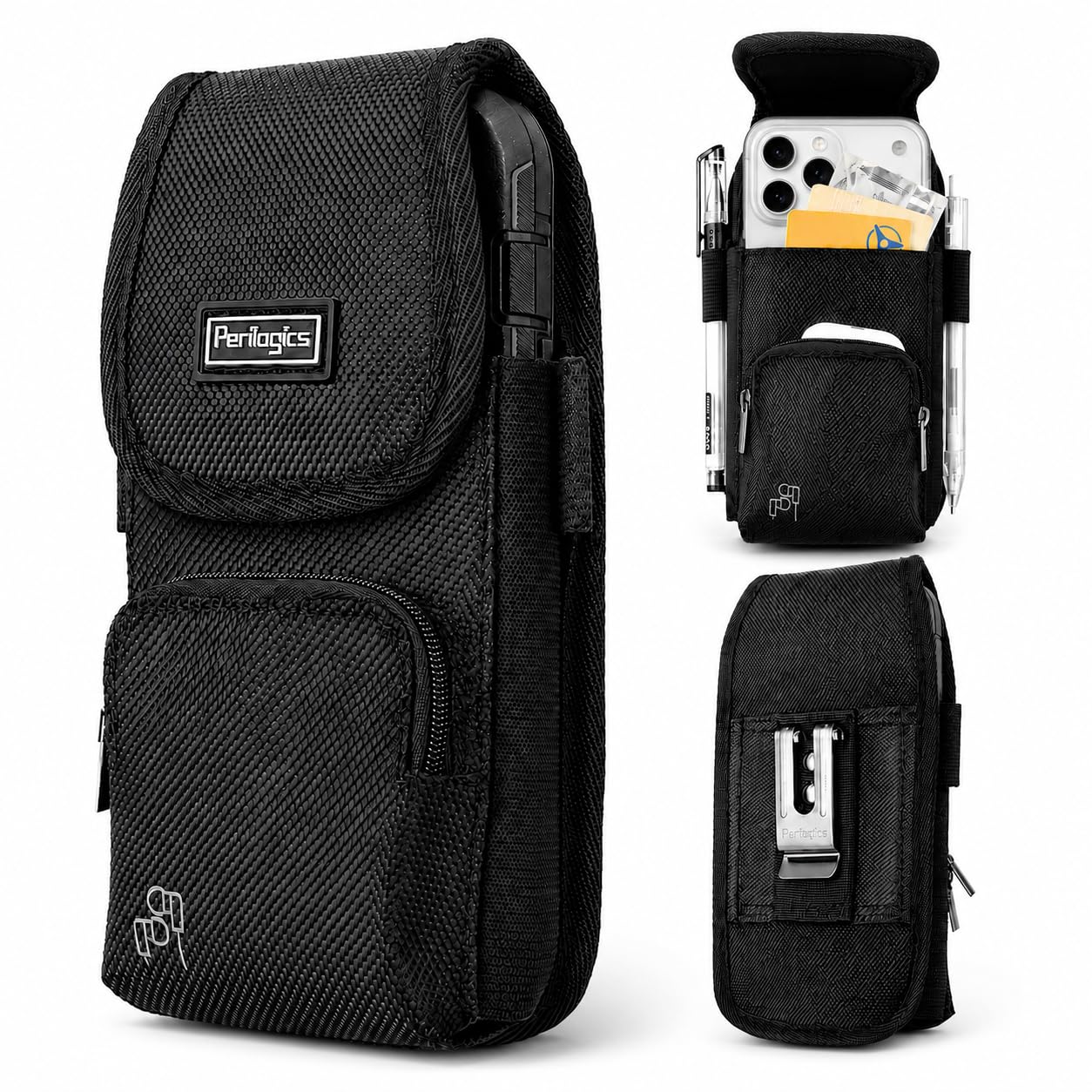 Perilogics Phone Holster for Men, Cell Phone Pouch with Metal Clip and Magnetic Closure, Belt Phone Holder Fits iPhone 17/16/15/14/13/12 Pro Max/Plus