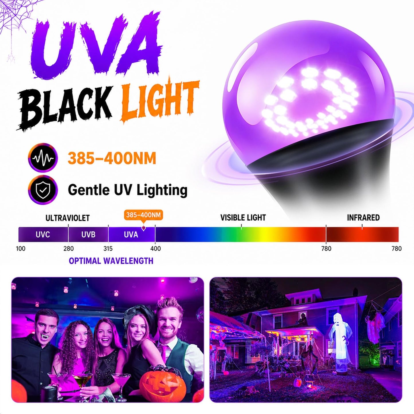2 Pack LED Black Light Bulbs, 12W UV Blacklight Bulb Replace Up to 100W, A19 E26 Base, UVA 385-400nm for Glow in The Dark Parties, Fluorescent