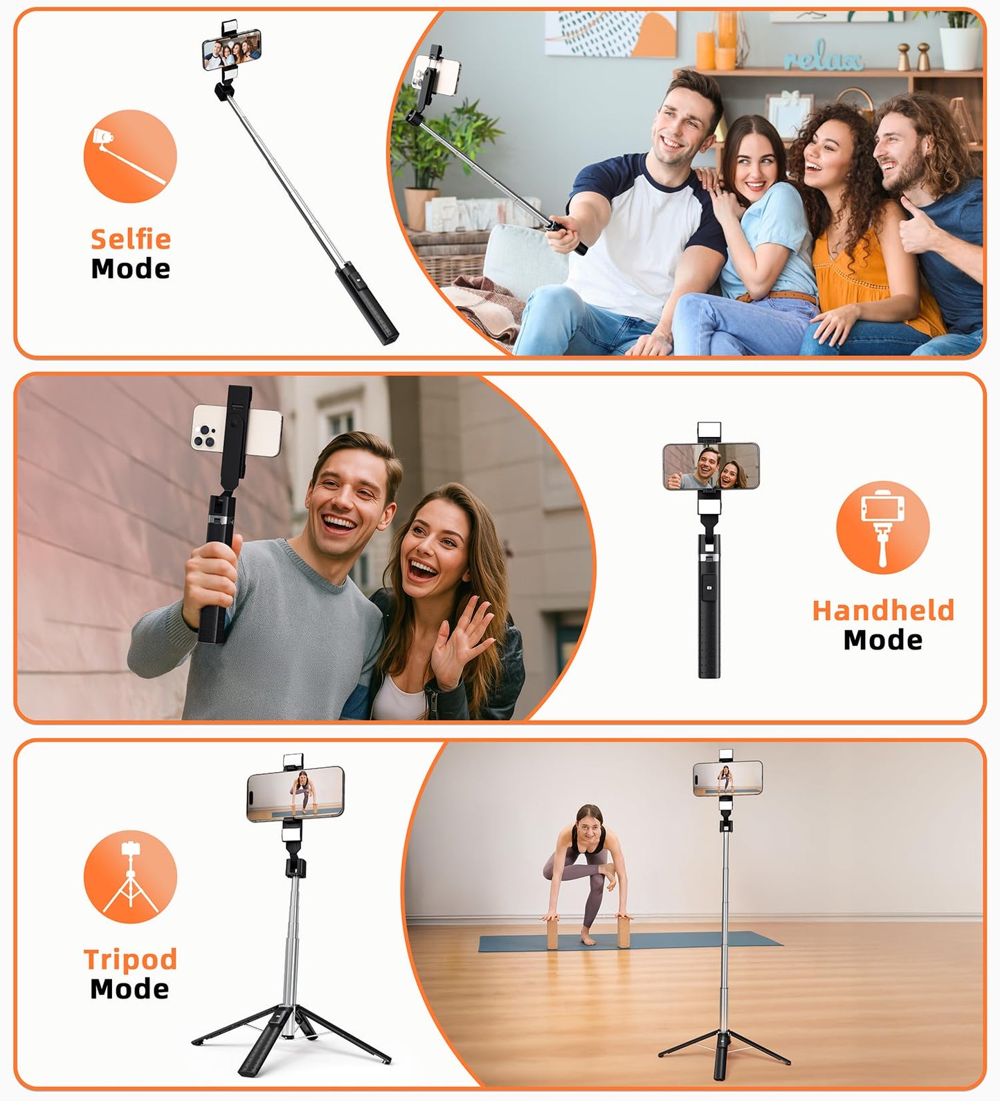 Selfie Stick Tripod for iPhone & Android, Phone Tripod Stand with Wireless Remote, 41" Extendable, 2 Rechargeable LED Fill Lights, Stainless Steel, 3