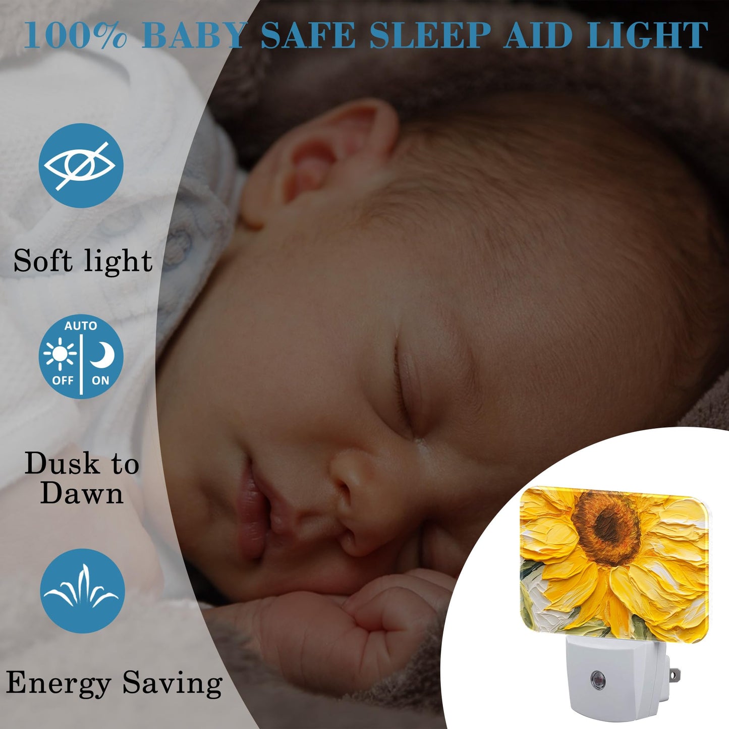 Uiaoiais Sunflower Oil Painting Night Light Plug into Wall, Sunflower Night Light with Dusk to Dawn Sensor for Kid Girls Boys Women Men Bedroom