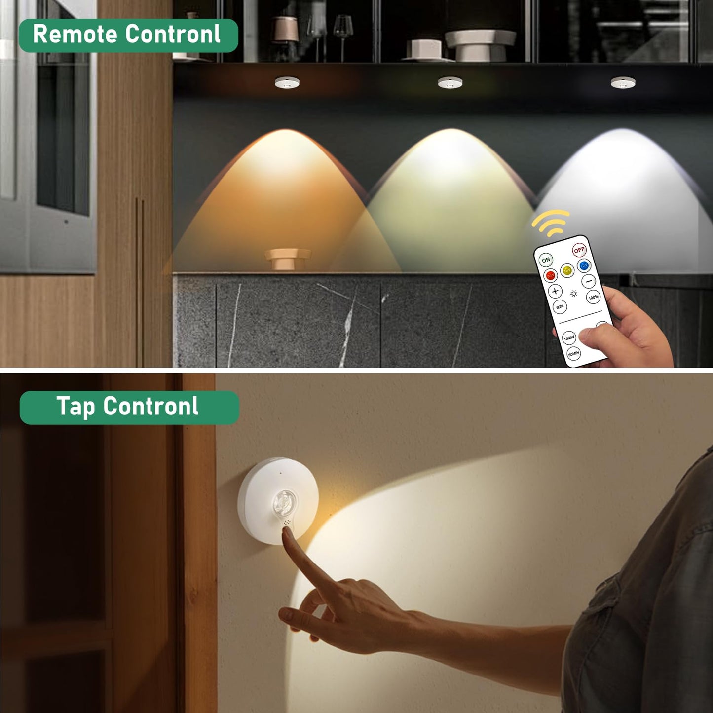 UNUSROOM Rechargeable Puck Lights with Remote Control,2000mAh High Capacity Battery Operated LED Under Cabinet Lighting,Dimmable Tap Stick On