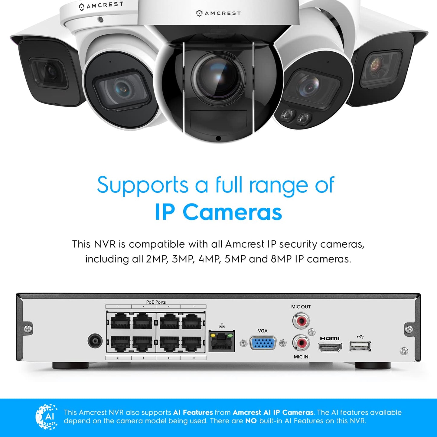 Amcrest 4K 16CH 8 Port PoE NVR (1080p/3MP/4MP/5MP/8MP) Network Video Recorder, 16CH (8-Port PoE) NVR - Supports up to 16 x 8-Megapixel IP Cameras
