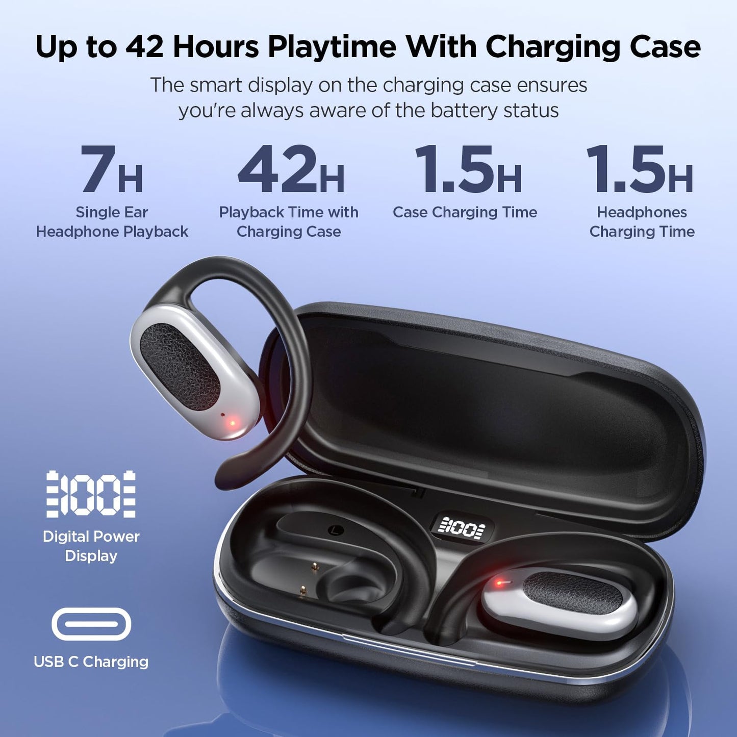 Open Ear Wireless Headphones Air Conduction Earbuds with Mic 42H Playtime Clear Calls LED Digital Display Over Earphones Lightweight Waterproof…
