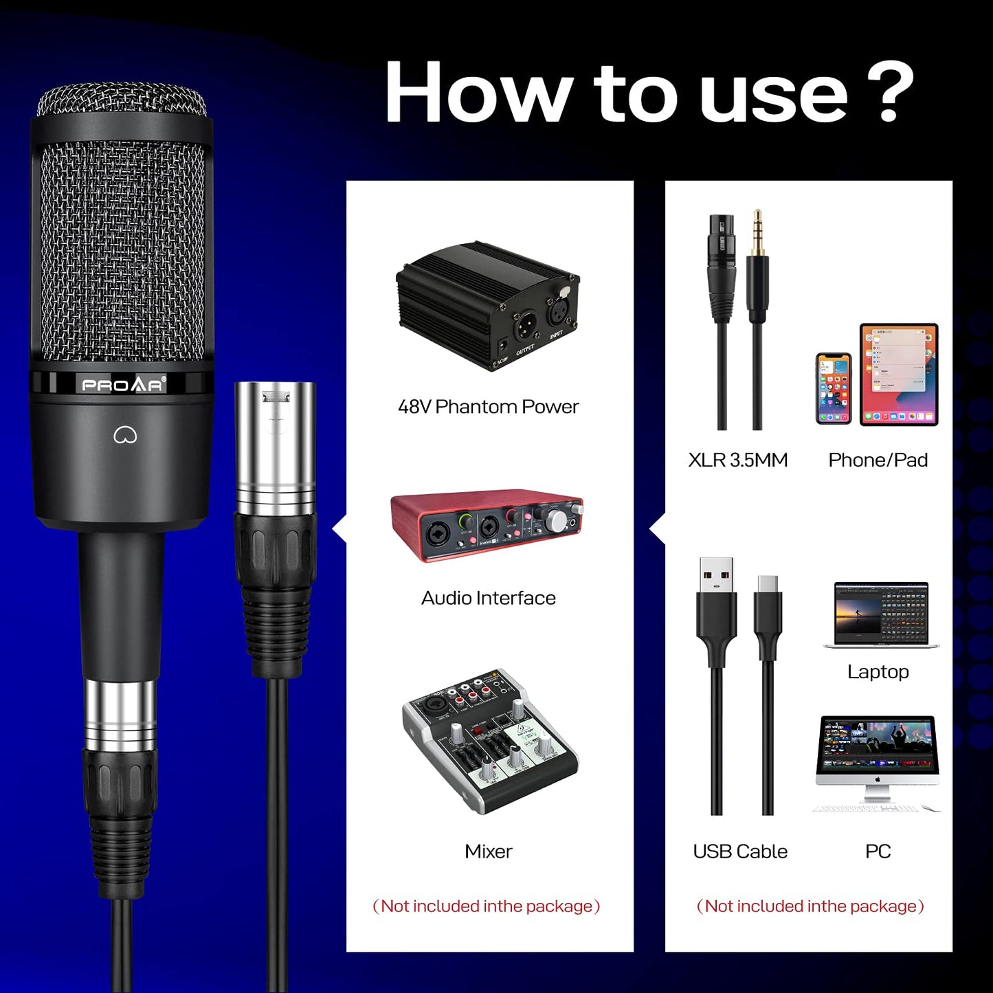 Condenser Microphone XLR,Professional Studio Recording Microphone for Computer PC,Cardioid Podcast Mic Kit with Boom Arm,Gaming Microphone for