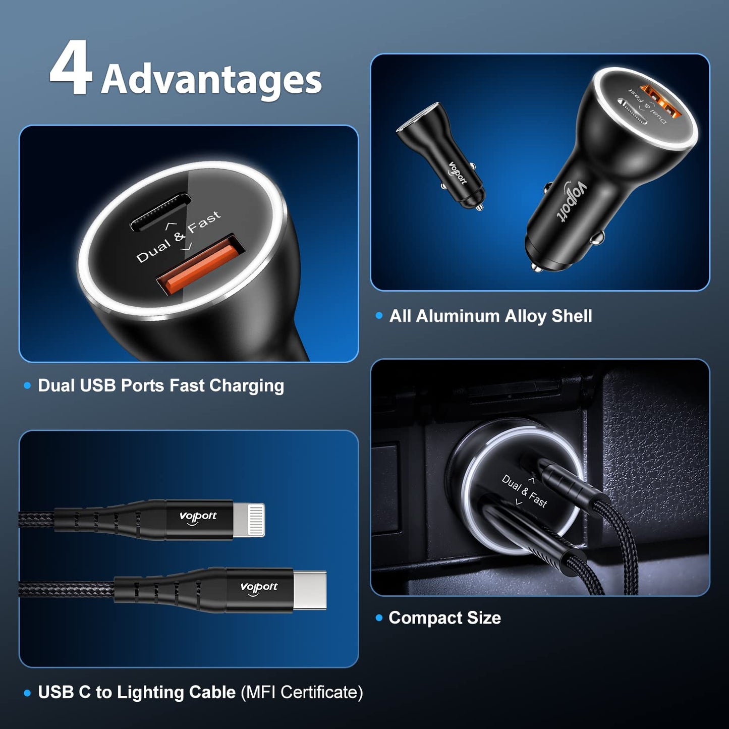 PD Fast Charging Car Charger with MFi Certified USB C Lightning Cable Carplay Cord 3.3ft, VOLPORT Auto Quick Adapter 39W Car Charger Power Delivery…