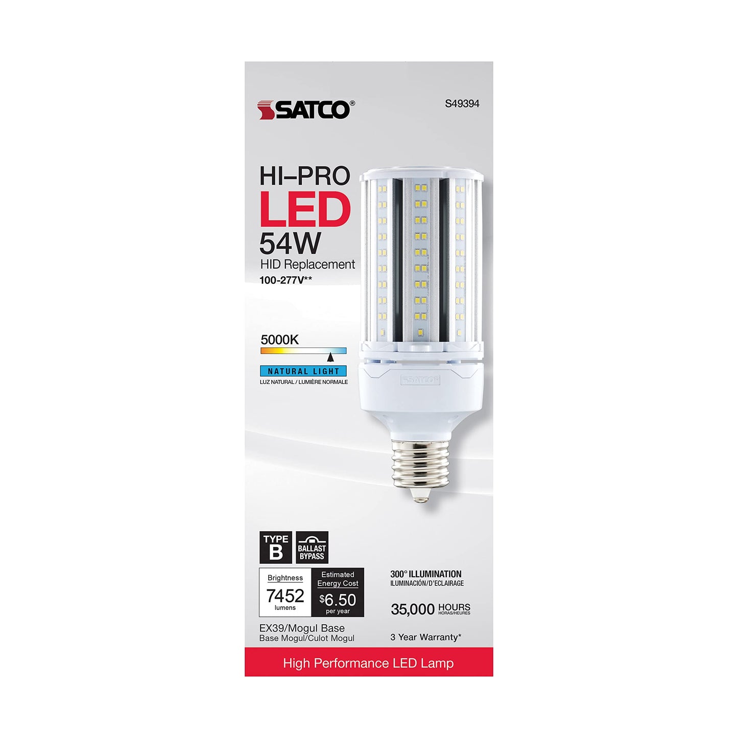 Satco S49394 Hi-Pro High Lumen LED Corncob Light Bulb, HID Replacement, 54 Watts, 5000K White, 7452 Lumen, 120-277V, Damp Location, Non-Dimmable