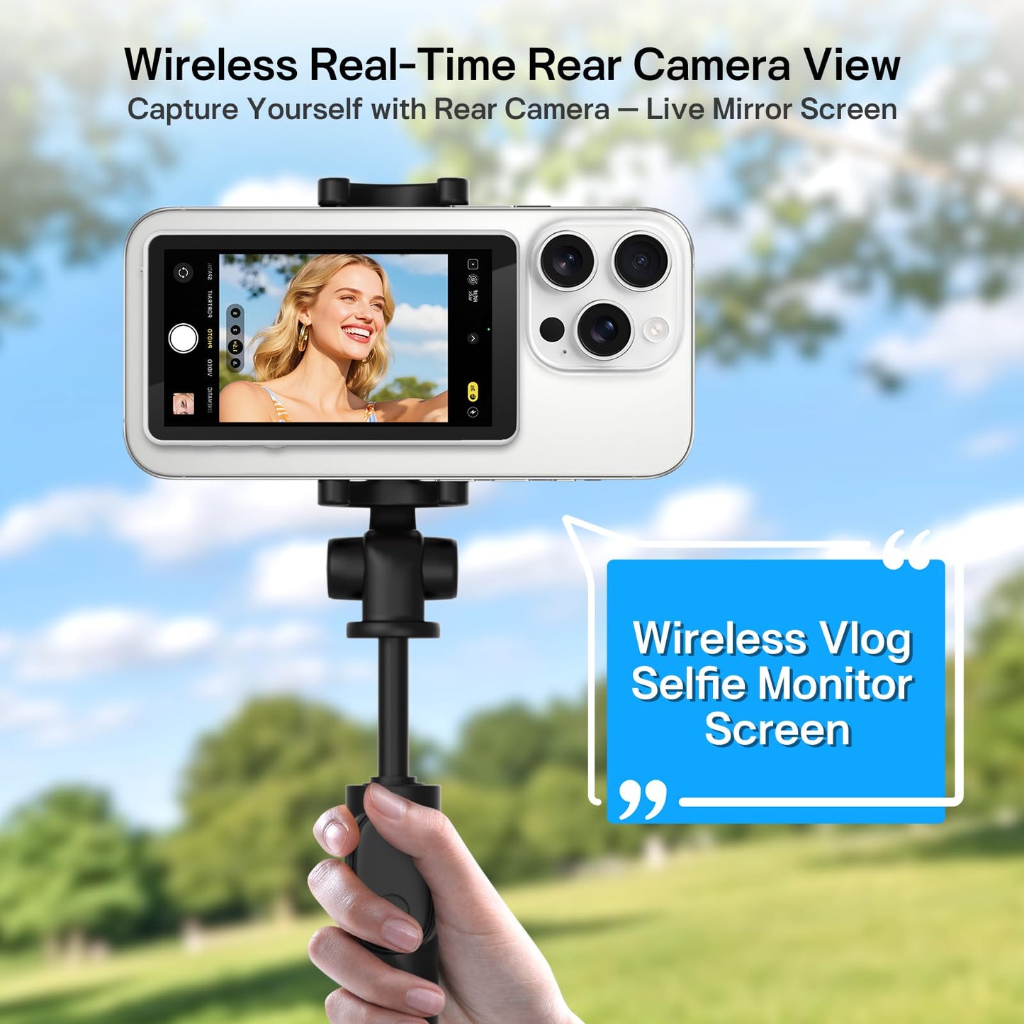 Henrety Wireless Vlog Selfie Monitor Screen for iPhone & Android, Bluetooth Remote, 180° Flip, Magnetic Stand, Wide Screen Mode, 1800mAh Battery, Rear