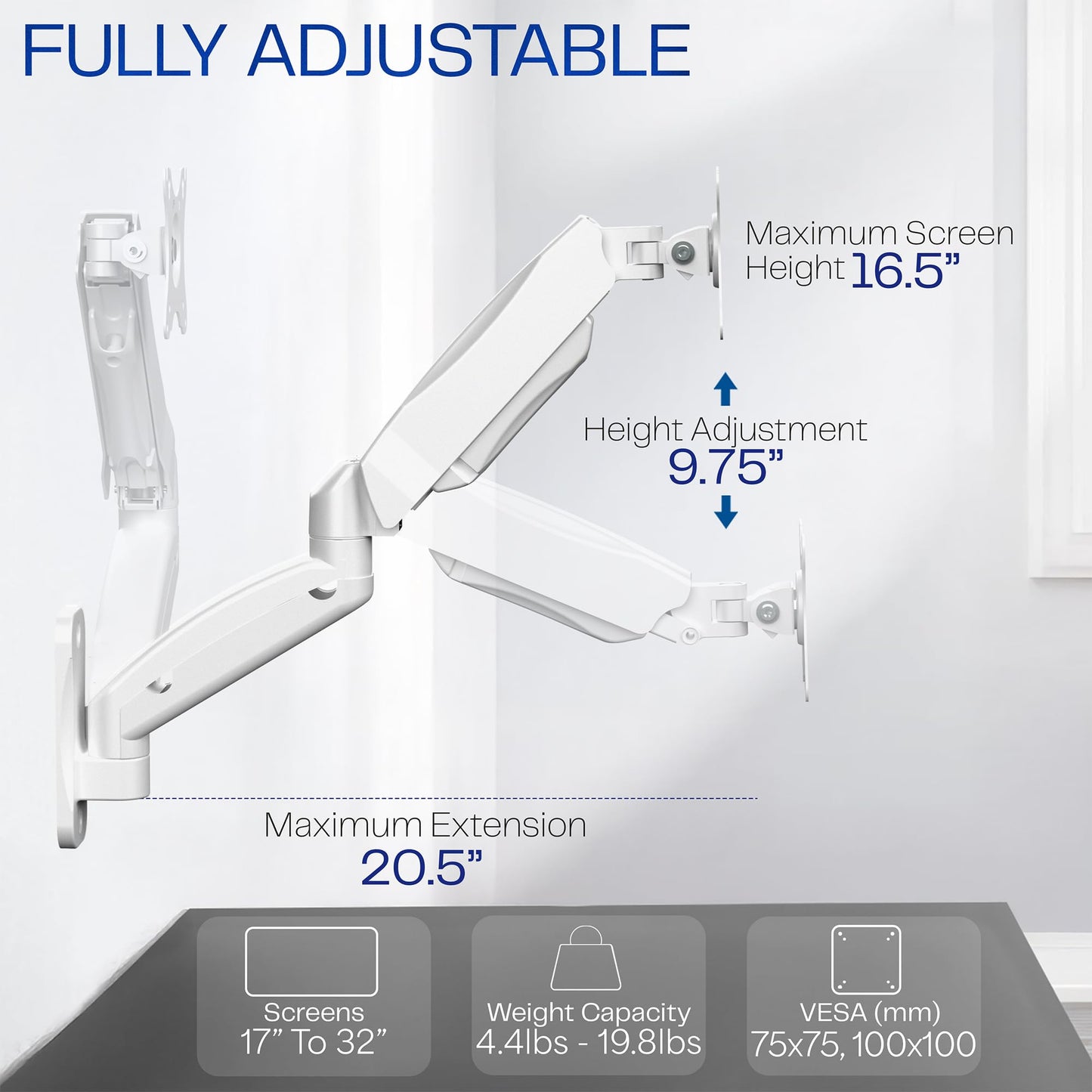 VIVO Single Monitor Counterbalance Wall Mount for 32 inch Screens up to 19.8 lbs, Full Motion, Max VESA 100x100, White, MOUNT-V001GW