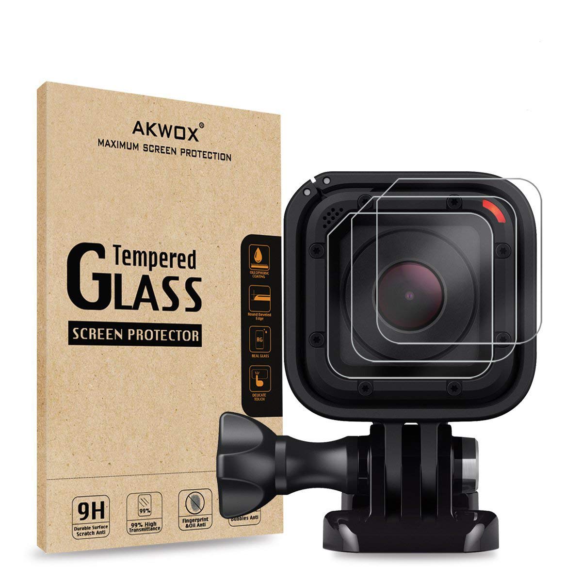 AKWOX (Pack of 3) Tempered Glass Screen Protector for Gopro Hero 4 Session Hero 5 Session, 0.3mm 9H Hard Scratch-resistant Camera Lens Film for GoPro