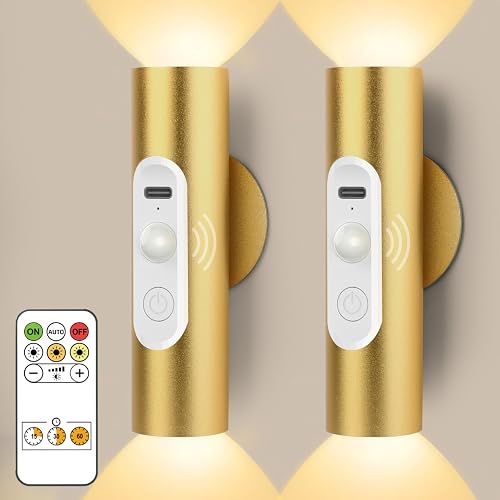 Battery Operated Wall Sconce Set of 2, Magnetic Stick on Wall Lights Motion Sensor Night Lights Indoor with Remote Control, Rechargeable Wireless Up