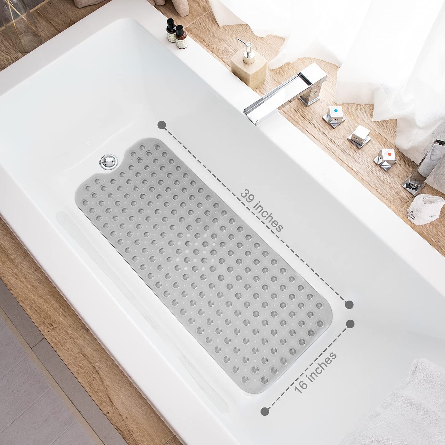 TEESHLY Extra Long Non-Slip Bathtub Mat 39x16" – Drain Holes & Suction Cups, Machine Washable Bath Mat for Shower (Clear Grey)