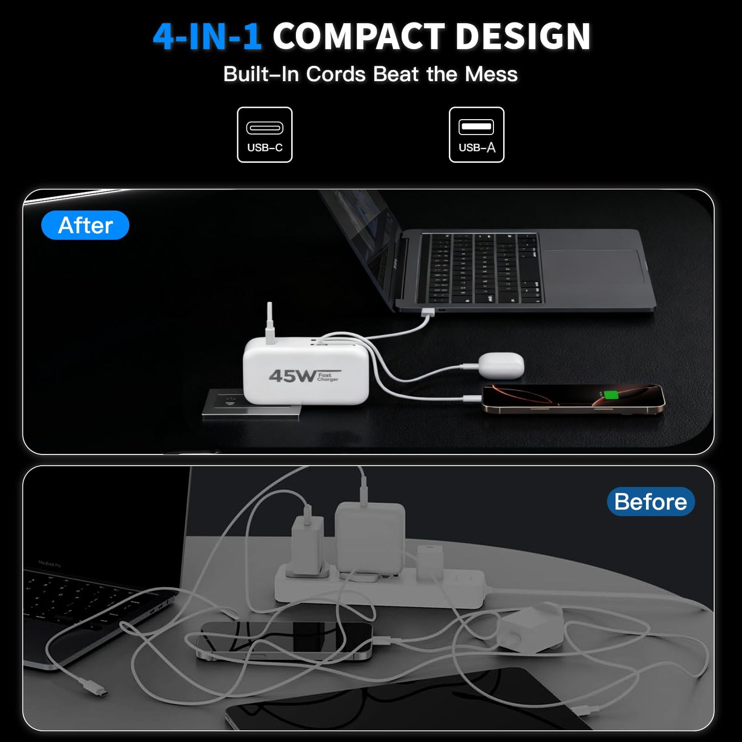 4-in-1 Retractable Wall Charger Dual USB Ports with Lightning and Type-C Cables, 45W iPhone Fast Foldable Charging Block, Travel Essentials 4-port USB
