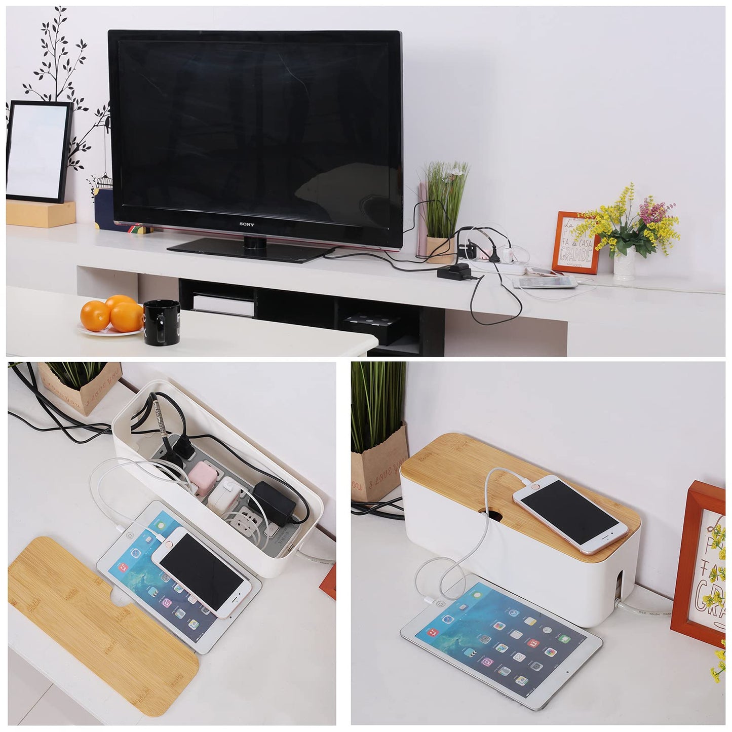 Changsuo Cable Management Box Small White, Extension Cord Organizer for Power Stripe Surge Protector Wire Management Concealer Cover Hider for Desktop