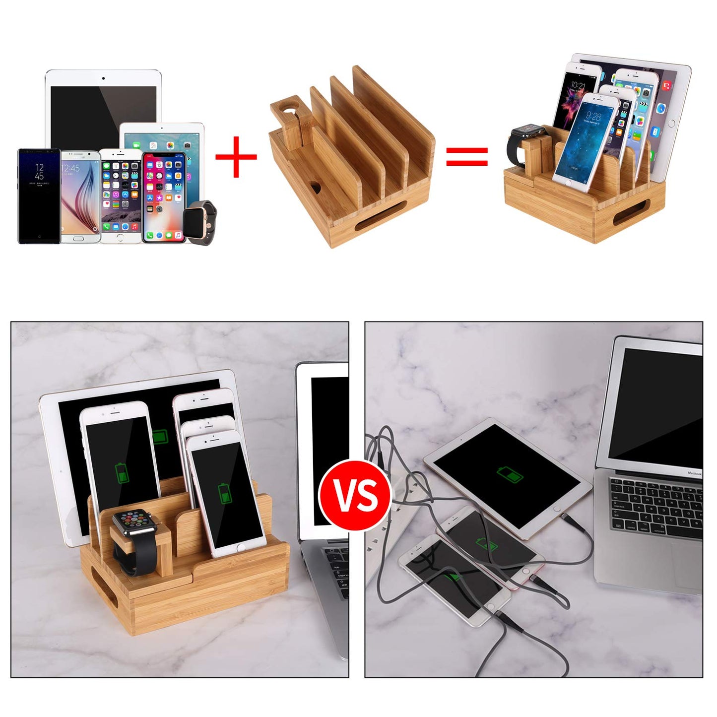 Bamboo Wood Multi-Device Desktop Charging Dock Station Charger Holder Cradle Charge Stand Compatible iPhone 16 15 14 13 Pro Max iPad Mini Pro Air
