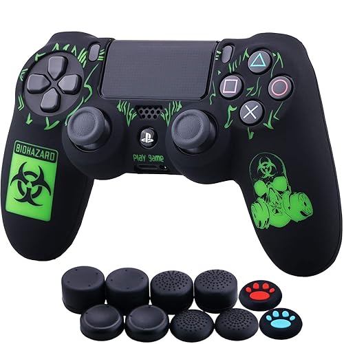 YoRHa Laser Carving Silicone Cover Skin Case for Sony PS4/slim/Pro Dualshock 4 Controller x 1(BH) with Thumb Grips x 10