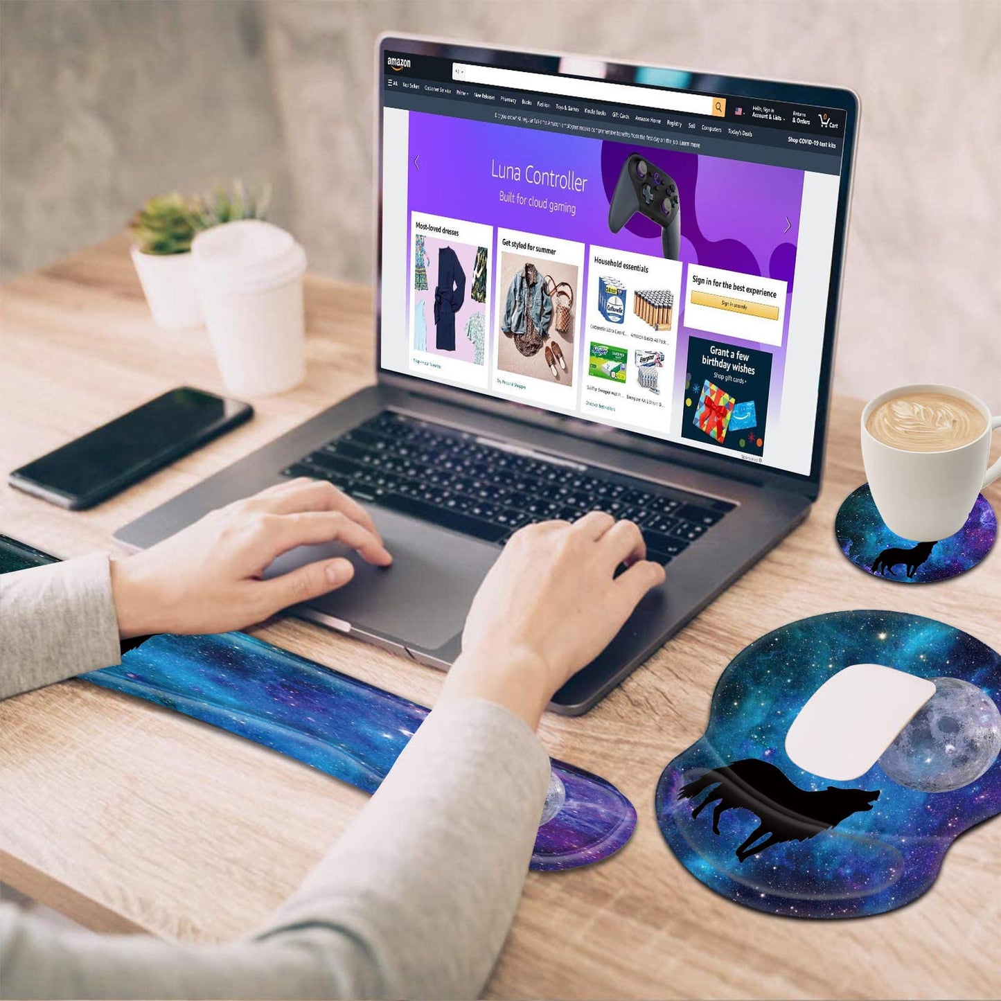 CUISHAN Ergonomic Gel Mouse Wrist Rest Pad and Keyboard Set, Anti-Slip PU Bottom Easy Typing Relieve Pain with Cute Coaster Set (3-Fantasy Wolf Moon
