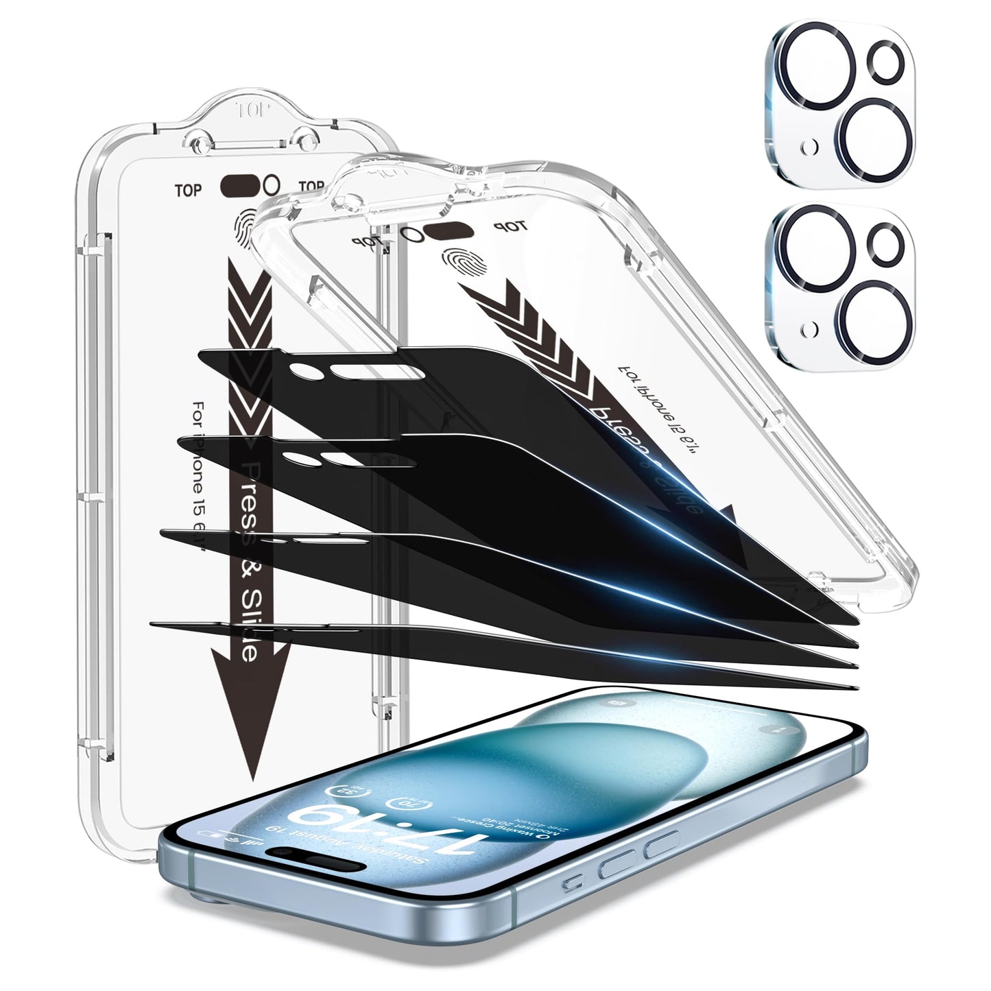 EZ-GLAZ 4-Pack Screen Protector for iPhone 15 6.1 inch Black Privacy with Flawless Fit Kit + 2-Pack Camera Lens Protector, 15-Second Bubble-Free