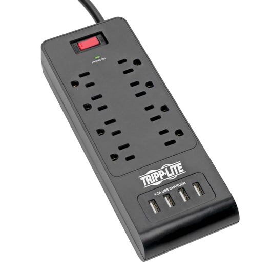 Tripp Lite Home Office Surge Protector with USB Charging, 8 Outlet Surge Protector Power Strip, 4 USB Ports, 6ft Cord, 1800 Joules, Black (TLP864USBB)