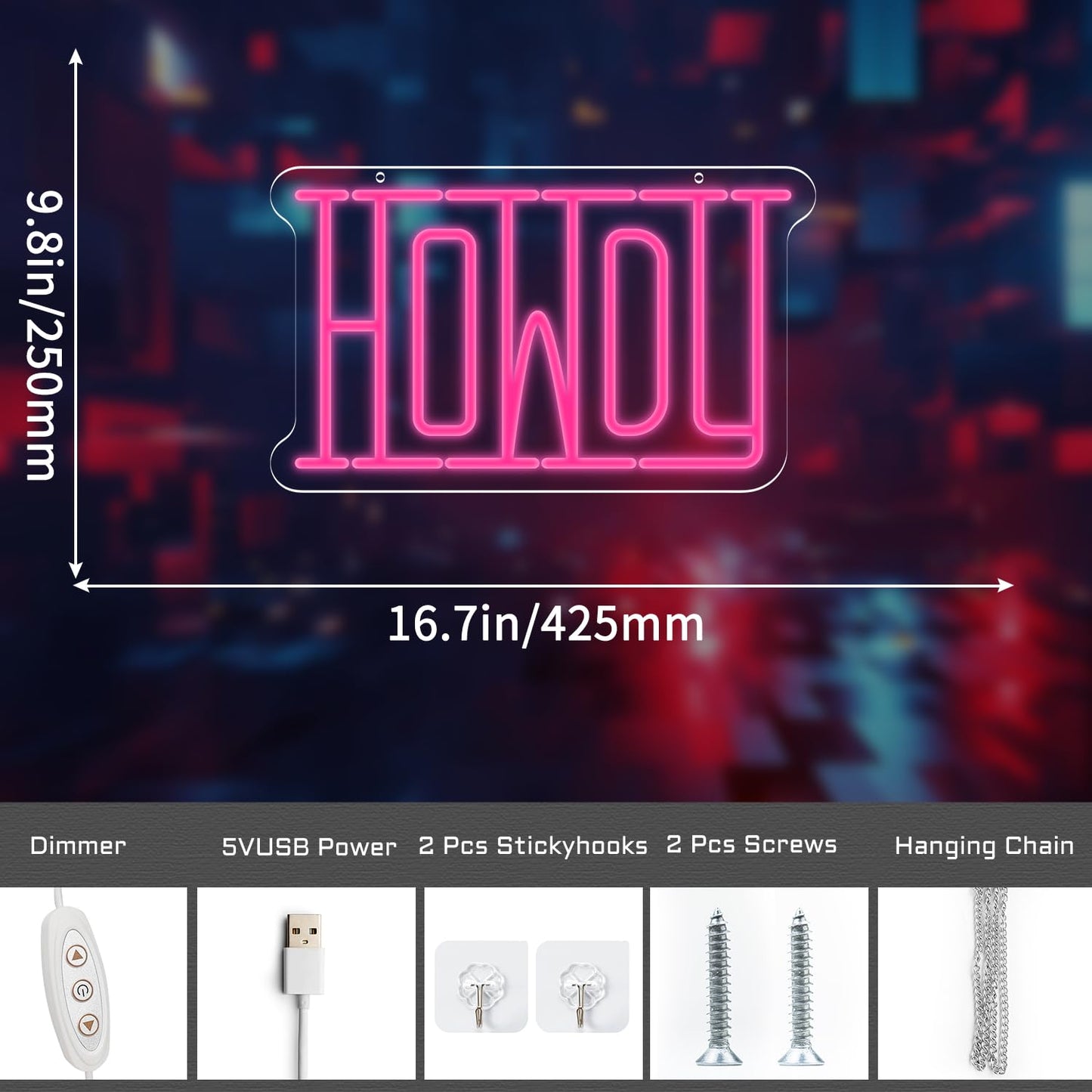 Neonawall Pink Lights Howdy Neon Sign,Pink Home Decorations, Led Lights for Wall Decor,Light Letters for Party,Girls Bedroom Wall Decor 16.7 x 9.8