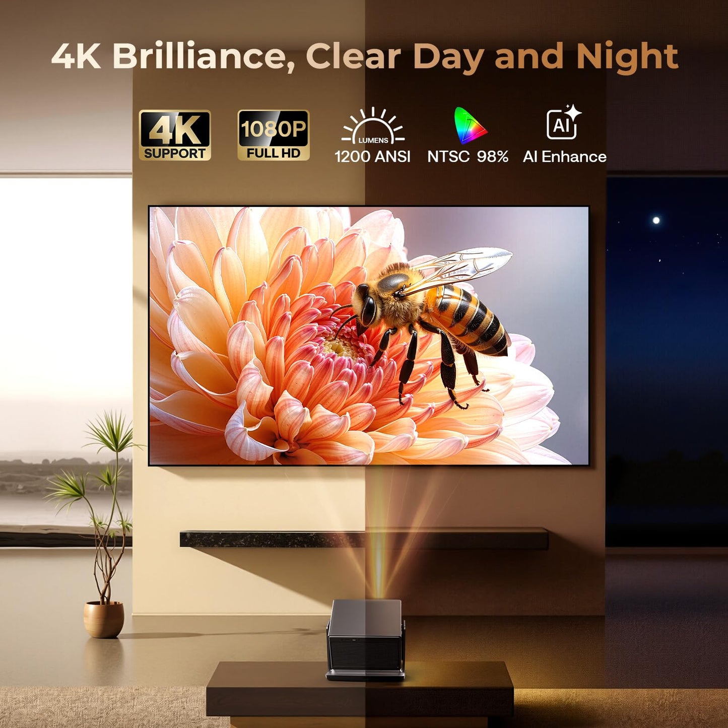 [Officially-Licensed APP & 1200 ANSI] Smart Projector with WiFi and Bluetooth, 30W Speakers, 4K Supported, Auto Focus & Keystone, Portable Native