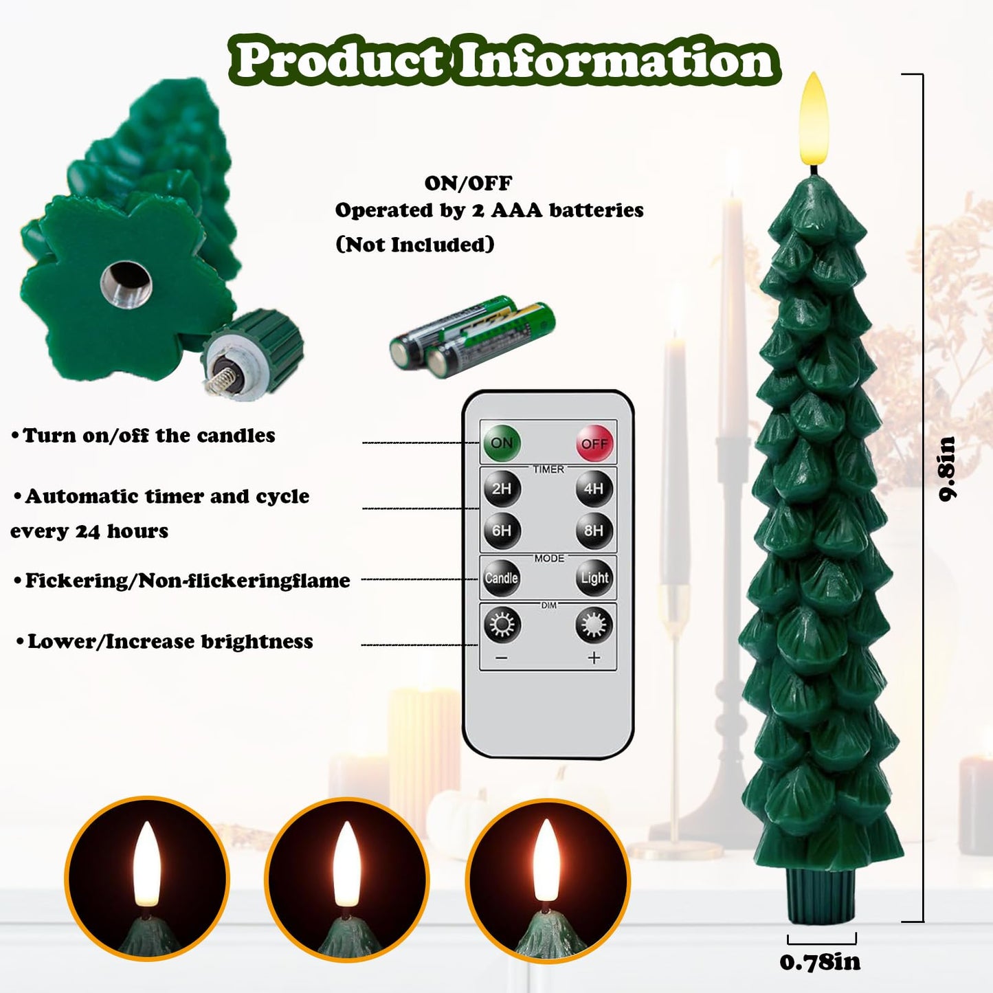 4 Pcs Christmas Tree Candles Decorations, Christmas LED Flameless Taper Candle with Remote Timer, Real Waxy Green Window Candle 3D Flame Wick for Home